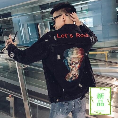 Prowow Fashion Streetwear Men Jacket Skull Embroidery Designer Punk Style Ripped Denim Jacket Men Coat Rock Hip Hop Jean Jacket