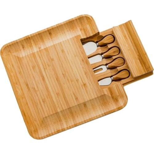 Square Bamboo Cheese Board Platter & Knife Set Slide-Out Drawer