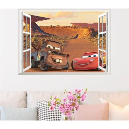 Cartoon 3D View Mcqueen Through Wall Decals Home Decor Living Room Disney Cars Wall Stickers Pvc Mural Art Kids Room Decoration
