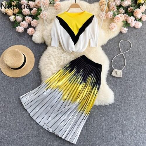 Neploe Elegant Knitted Two Piece Suit Women Contrast Color O Neck Short Sleeve Tops High Waist Plus Size Skirts Fashion Sets