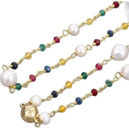 GG Jewelry 70'' Multi Color 4mm Faceted Mix-color Jade 10mm White keshi Pearl Necklace
