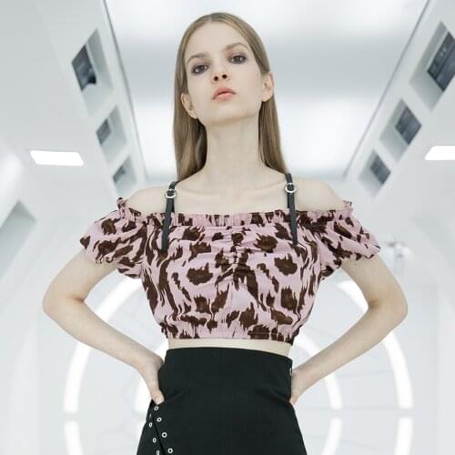 PUNKRAVE Womens Gothic Off Shoulder Puff Sleeve Tops Streetwear Cool Girls Adjustable Leather PU Straps Short Sleeve Tees