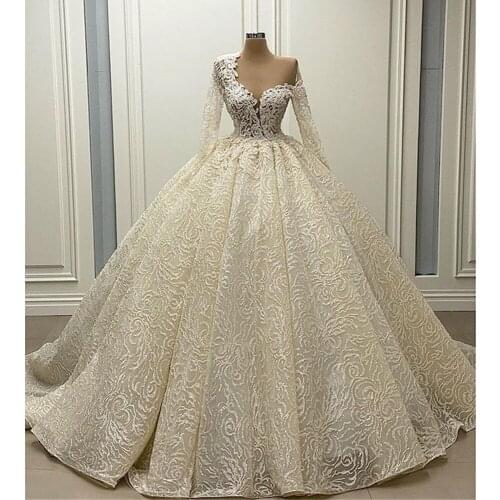 Romantic One Shoulder Long Sleeve Lace Ball Gown Wedding Dresses 2021 Sexy Illusion Tulle Wedding Gowns Robe De Mariage