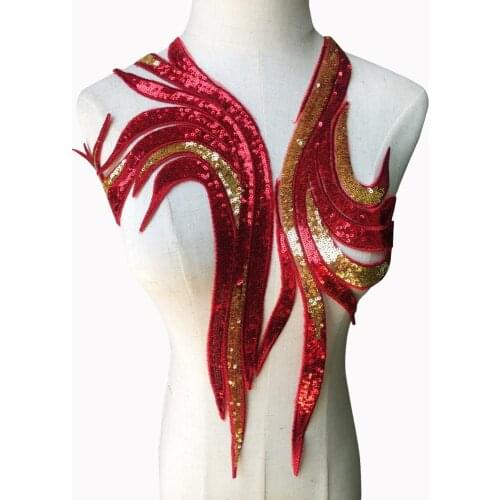 1Set Red Flower Embroidery Sequin Mesh Lace Applique Sewing On Fabric Patches For Wedding Bridal Dress Clothes DIY Crafts