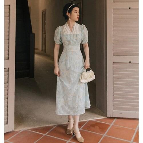 French Romantic Girl Sweet Chiffon Embroidered Fairy Dress Summer Mesh V-Neck Elegant Puff Sleeve Retro Dresses