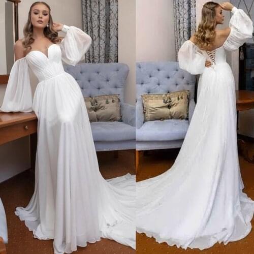 Sweetheart Ruched Chiffon Wedding Dress Long Puffy Sleeves Beach 2021 Cheap Simple Backless Lace Up Closure Pleated Bridal Gowns