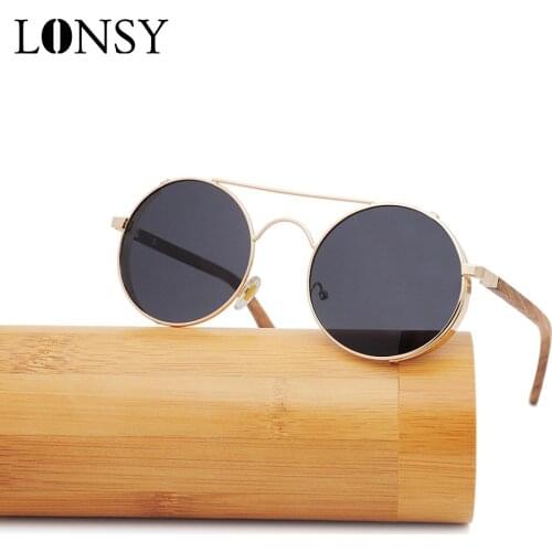 LONSY Retro Round Design Steampunk Wooden Sunglasses Polarized UV400 Vintage Steam Punk Sunglasses For Women Men Gafas De Sol