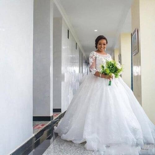 African Plus Size Wedding Dresses 3/4 Sleeves Lace Appliques South Arabic ball gown Long Train Bridal Gowns wedding gowns