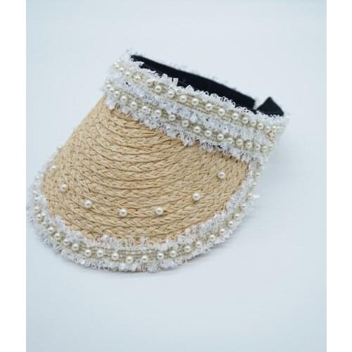 202104-shi summer handmade raffia grass pearl Exclusive design style grace lady without baseball hat women leisure visors cap