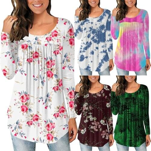 Women Round Neck Long Sleeve Shirt Plants Florals Printed Casual Tunic Tops Blouse Lovely Girls All-match Daily T-shirt