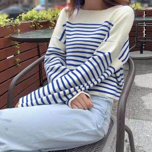 Women Sweater 2021 Loose Navy Blue and White Striped Sweater College Style Sweater