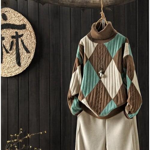 Knitted Christmas Jumpers Women Vintage Geometrical Turtleneck Pullover Autumn Winter Ladies Sweater Pull Oversize Femme AA5265