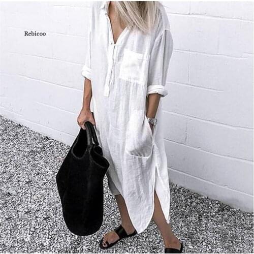 Women Lapel Long Sleeve Autumn Shirt Dress Cotton Split Dresses Elegant Solid Work Office Vestidos Female Tunic Robe