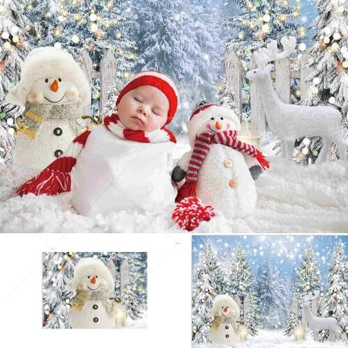 Winter Backdrop Snowman Forest Pine Background Snow Glitter Christmas Xmas Holiday Party Decor Banner Studio Photography Props