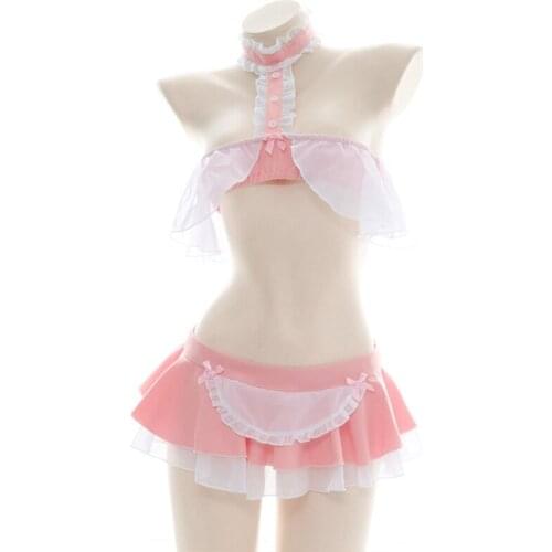 066C Cute Maid Uniform Women Cosplay Lingerie Underwear Sleepwear Pink Lolita Girl