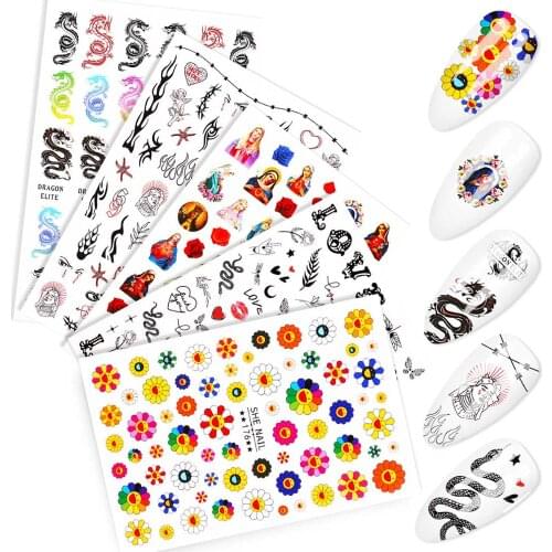 5 Designs Nail Stickers Set Mixed Flower Nail Art Water Transfer Decals Sliders Dragon Manicures Decoration