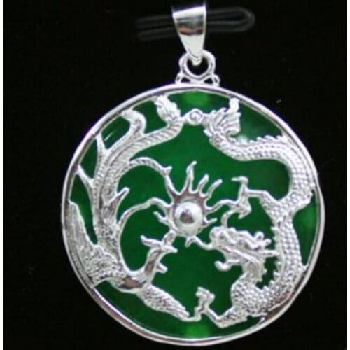 Free Shipping Silver set green jade Dragon Phoenix Pendant Necklace fine jewelry
