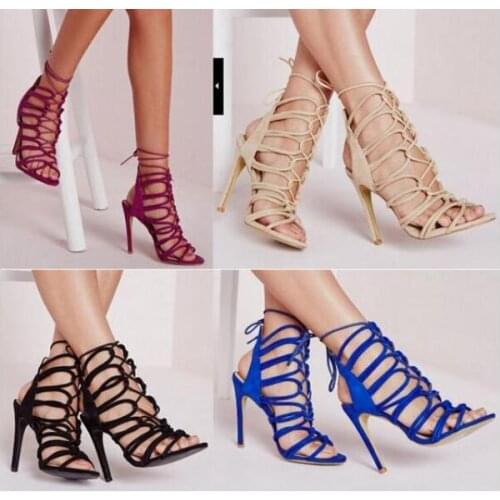Women Leather Red Blue Lace-up Strappy Sandals High Heel Gladiator Sandals Customize Cut-out Summer shoes woman zapatos muj
