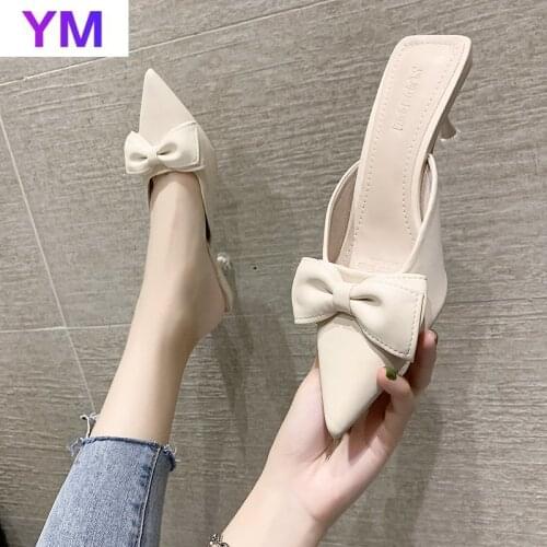 Women Sandals Pointed Toe Solid Color Bowknot Summer Dress Shoes Pumps Thin High Heels Sandals Zapatillas Casa Mujer Slip-On