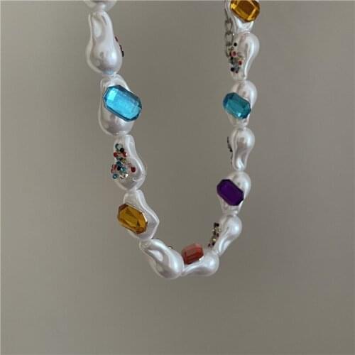 Baroque natural profiled large pearl clavicle chain Bohemian handmade colored rhinestone necklace choker wedding banquet jewelry