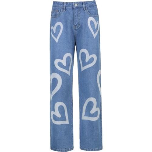 Spring Summer Vintage Heart Printed Baggy Jeans Women High Waist Harajuku Aesthetic Mom Jeans Denim Streetwear 90s Trousers
