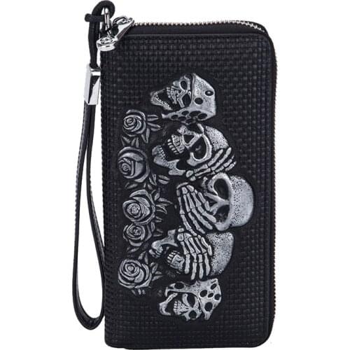 Punk Men Genuine Leather Wallets Women Skull head Pattern Purses Vintage Cowhide Money Bag Long Wallet Female Clutch Bag cartera