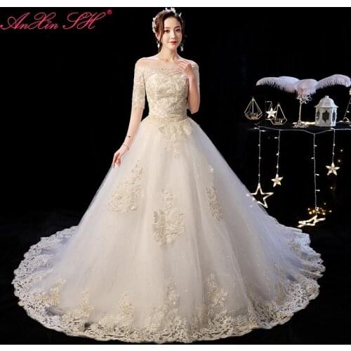 AXJFU princess champagne flower lace white wedding dress vintage boat neck illusion court train half sleeve bride wedding dress