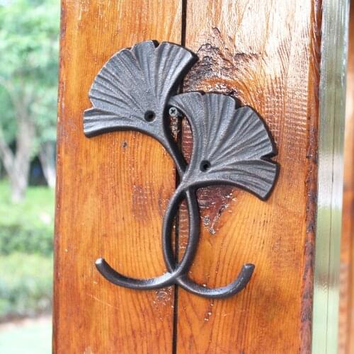 Farm House Ginkgo Leaves Cast Iron Wall Hook With 2 Hangers European Vintage Rustic Home Garden Wall Decor Plant Metal Wall Hook