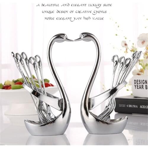 Swan Fruit Forks Spoons Set Stand Holder Tableware Stainless Steel Dinnerware Sets Wedding Party kitchen Fruit Fork Decoration