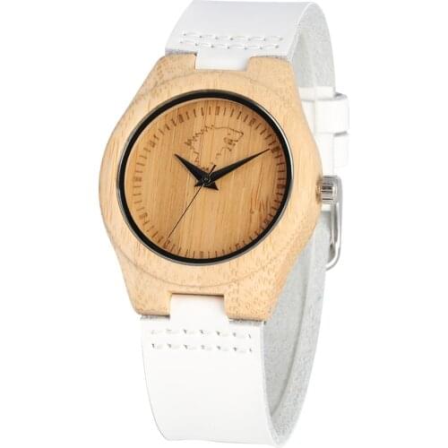 New 2019 Ladies Wooden Quartz Watch Casual Womens Watch White Genuine Leather Watchband Elegant Ice Wolf Display Wooden Clock