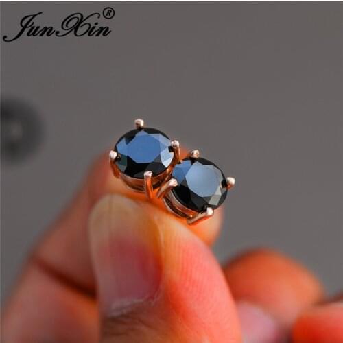 Simple Mens Black Stone Round Stud Earrings White Gold Rose Gold Color Female Male Double Wedding Earrings For Women Men Jewelry