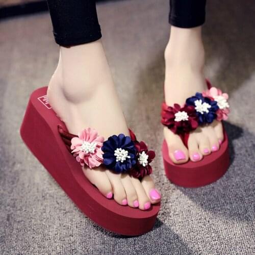 Size 35-40 Summer Slippers Womens Bohemia Flip Flops Slippers Beach Slippers Flower Handmade High Heel Shoes Flip Flops Women