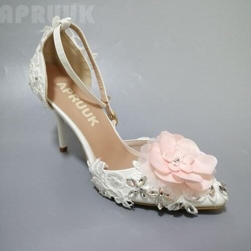 Pink flower lace party pumps shoes summer handmade lace silver crystal ankle straps female banquet ceremony shoes woman