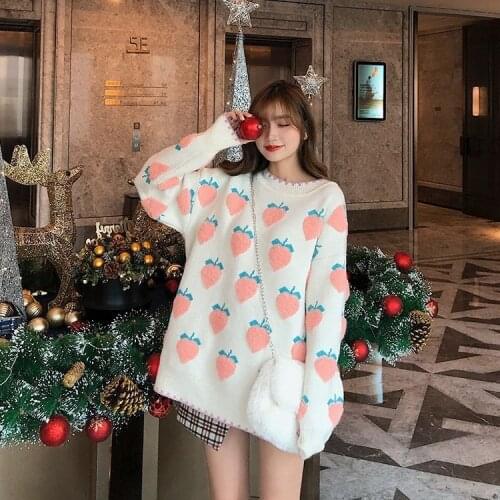 Urifens Peach Strawberry Sweater Women Female College Style 2021 Loose Outer Wear Autumn Winter Thick Inner Wear Pullover T624
