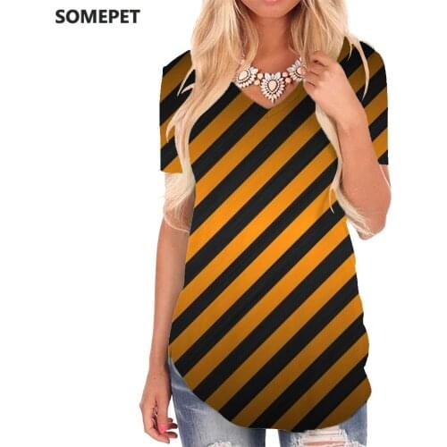 SOMEPET Stripe T Shirt Women Abstract Tshirts Printed Psychedelic V-neck Tshirt Harajuku Shirt Print Womens Clothing Hip hop