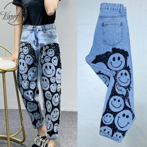 Varofi 2021womens autumn new large high waist jeans wide leg pants smiling face printed pants loose jeans