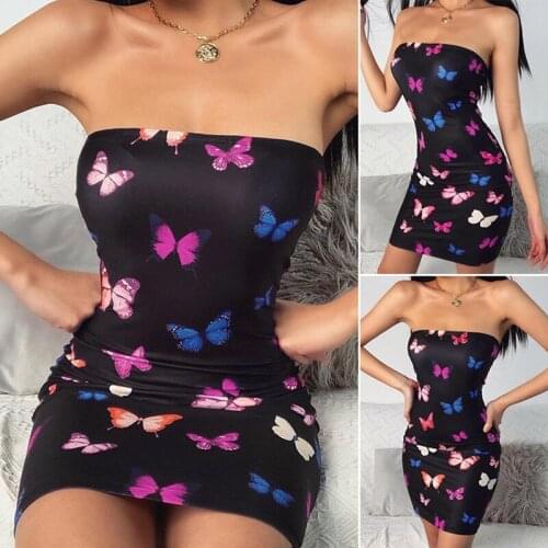 Womens Fashion Sexy Color Butterfly Print One-Line Neck Dress Black