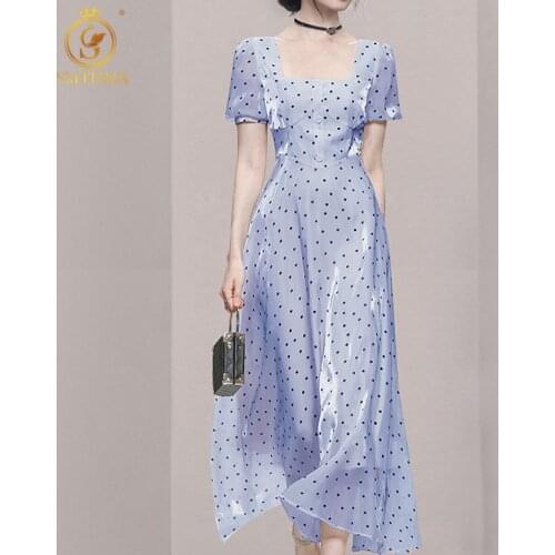 SMTHMA Retro Square Collar Polka Dot Print Women Dress 2021 Ladies Short Sleeve Summer Dress A Line Party Vestidos De
