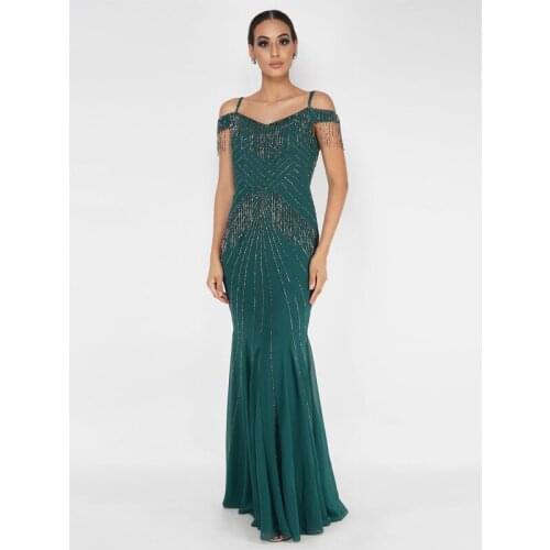 2021 New Mermaid V Neck Tassel Beads Spaghetti Straps Dew Shoulder Evening Gowns for Women Trumpet Ruffles Formal Dress