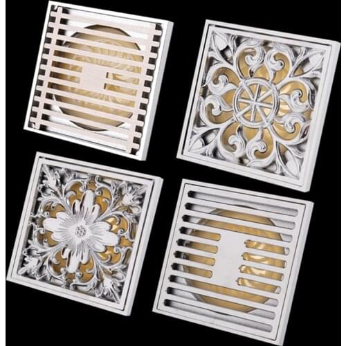 10*10cm Vintage Artistic Brass Chrome Bathroom Square Shower Floor Drain Trap Waste Grate With Hair Strainer Anti Smelly drains