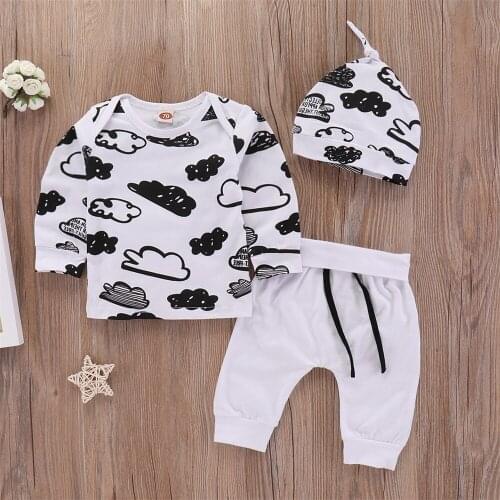 Prowow 3 PCS Boy Baby Sleepwear For Newborns Jumpsuit Cute Baby Clothes Cloud Print Toddlers Costume Kids Boys Tops Pants Hat