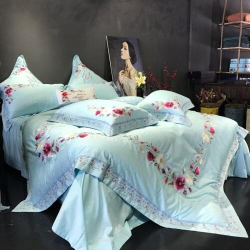 Flower luxury Embroidery blue Royal Bedding set King Queen Egyptian Cotton Bed set Duvet cover bed sheet Pillowcases 4/6pcs
