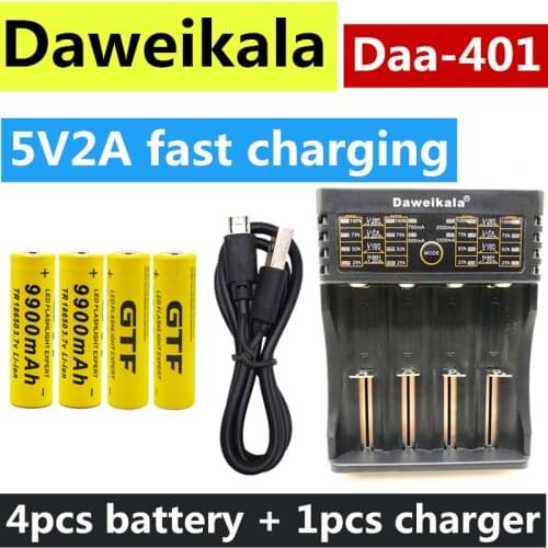 4pcs 18650 battery 3.7V 9900mAh rechargeable liion battery with charger for Led flashlight batery litio battery+1pcs Charger