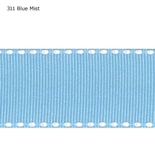 3/8" inch (9mm) white stitch Blue Mist ribbon