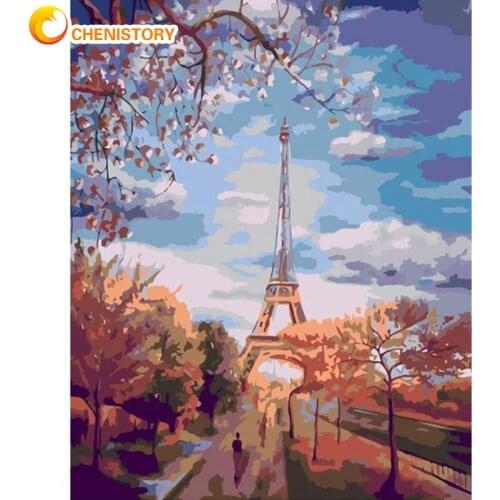CHENISTORY Pictures By Numbers Kits For Adults Iron Tower Landscape Oil Painting Handmade DIY Gift 60x75cm Frame On Canvas Paint