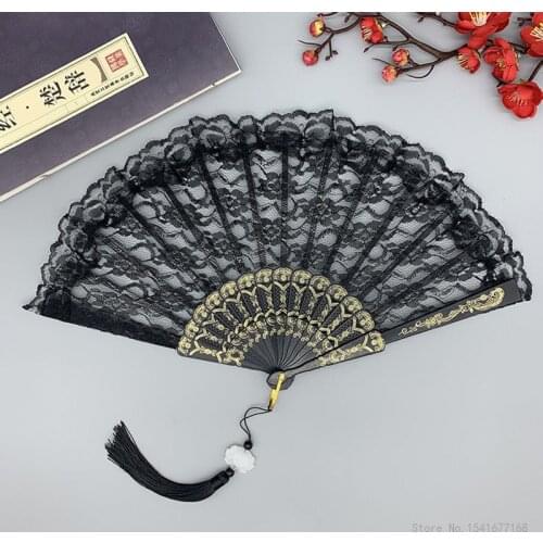 Black Spanish Victorian Hand Fan for Wedding Party Favor Fancy Dress Folding Lace Pocket Fan Gift Decoration Supplies