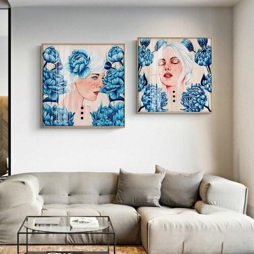 Girl with Blue Flowers and White Hair Canvas Painting Wall Art Nordic Posters and Prints Wall Pictures for Living Room Decor