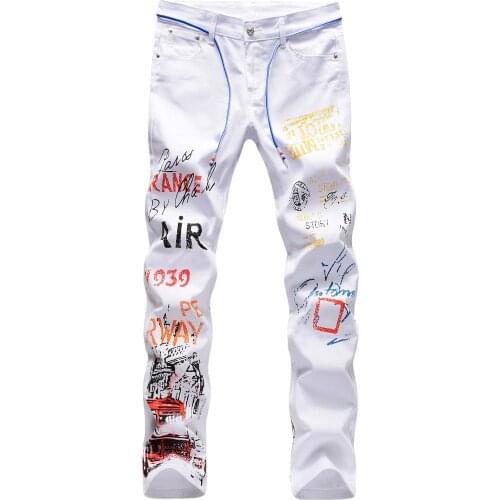 Mens Letter Graffiti White Jeans 2020 New Fashion Print Slim Mens Jeans Skinny Biker Jeans For Man Denim Punk Pants Jean Homme