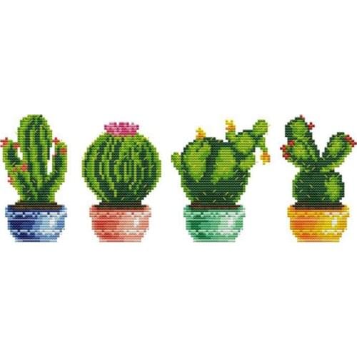 BMBY-Cross Stitch Kits Stamped of Embroidery Starter Kits for Beginners DIY 11CT 3 Strands - Cactus