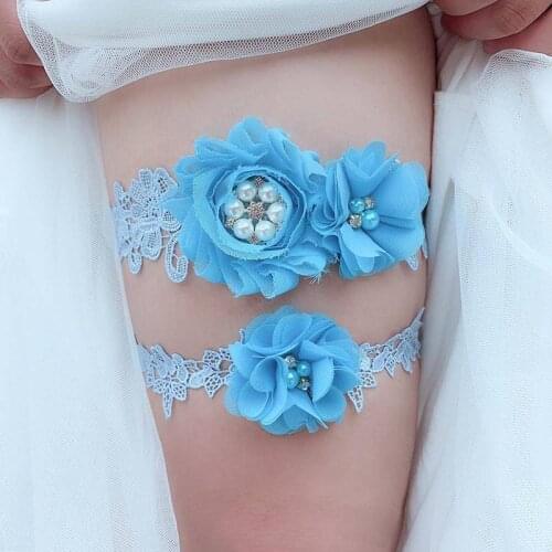 Sky Blue Wedding Garter Bridal Garter Blue Floral Lace Keepsake Toss Shabby Chiffon Rosette Pearls Wedding Garte TH05